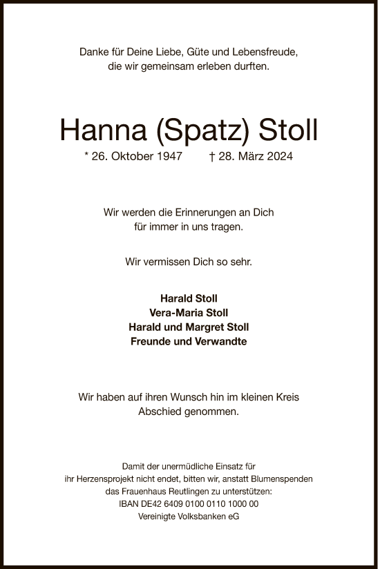 Anzeige von Hanna Stoll von Reutlinger General-Anzeiger