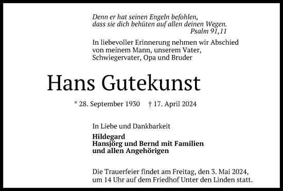 Anzeige von Hans Gutekunst von Reutlinger General-Anzeiger