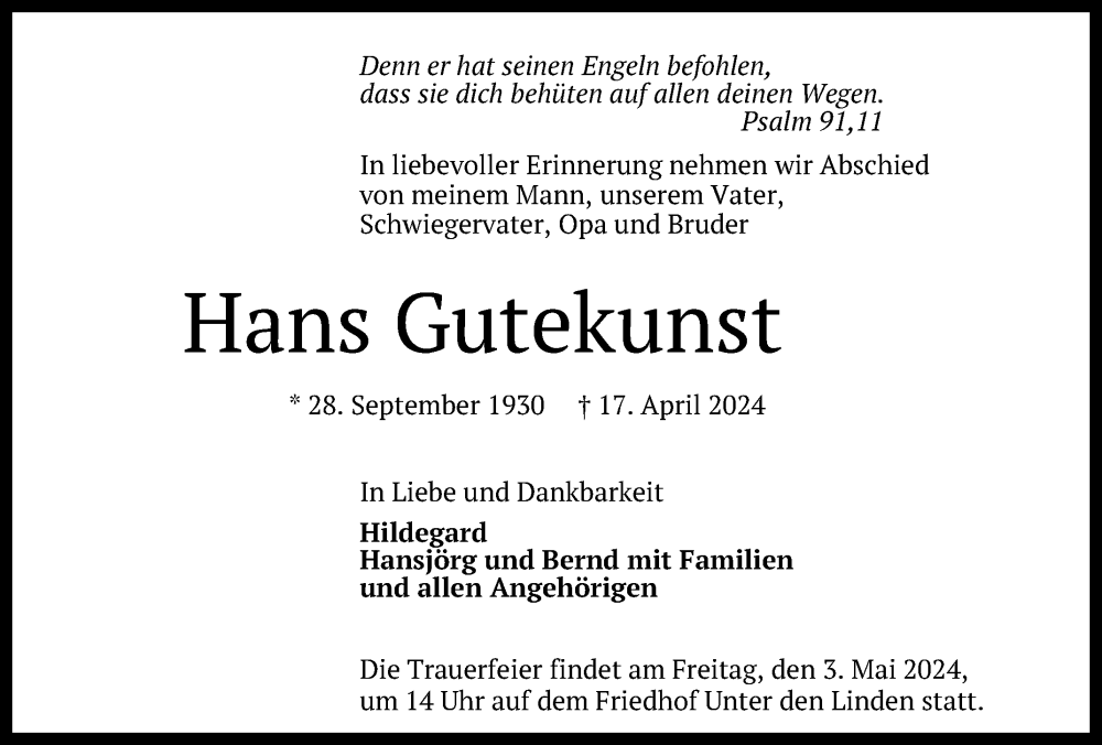  Traueranzeige für Hans Gutekunst vom 23.04.2024 aus Reutlinger General-Anzeiger