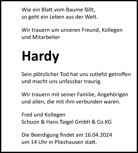Anzeige von Hardy  von Reutlinger General-Anzeiger