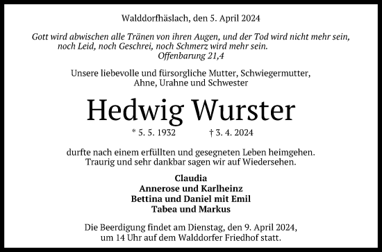 Anzeige von Hedwig Wurster von Reutlinger General-Anzeiger