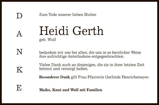 Anzeige von Heidi Gerth von Reutlinger General-Anzeiger