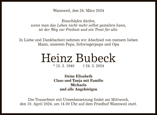 Anzeige von Heinz Bubeck von Reutlinger General-Anzeiger