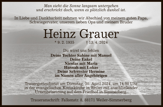 Anzeige von Heinz Grauer von Reutlinger General-Anzeiger