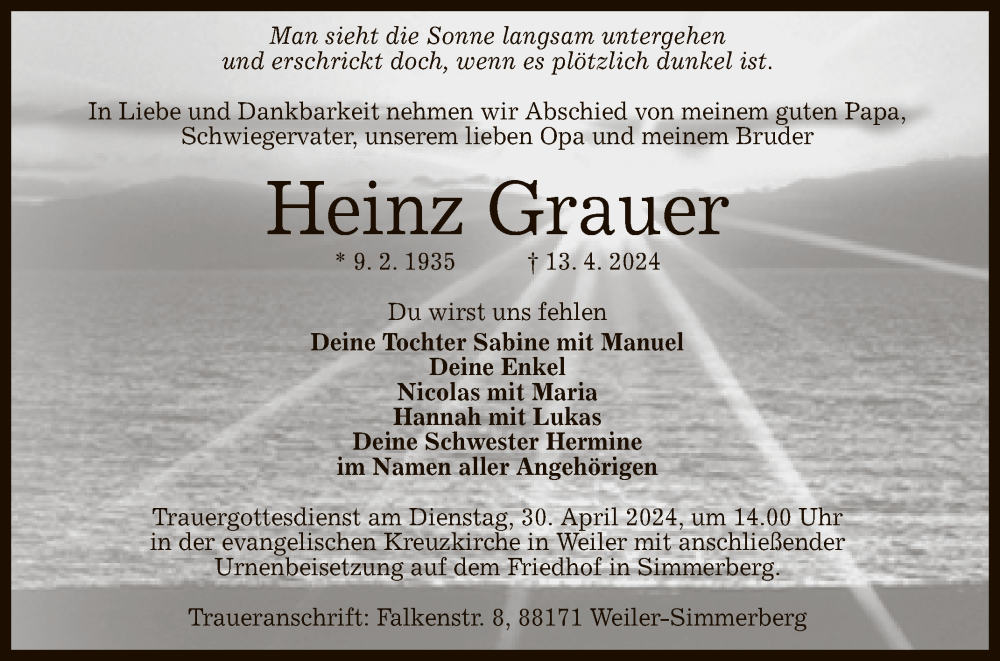  Traueranzeige für Heinz Grauer vom 20.04.2024 aus Reutlinger General-Anzeiger