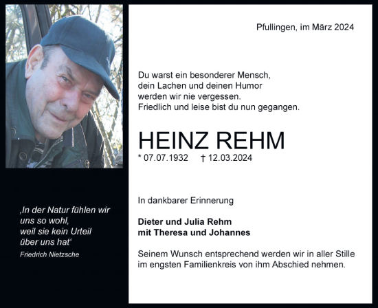 Anzeige von Heinz Rehm von Reutlinger General-Anzeiger