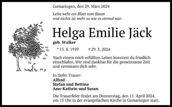 Anzeige von Helga  Jäck von Reutlinger General-Anzeiger