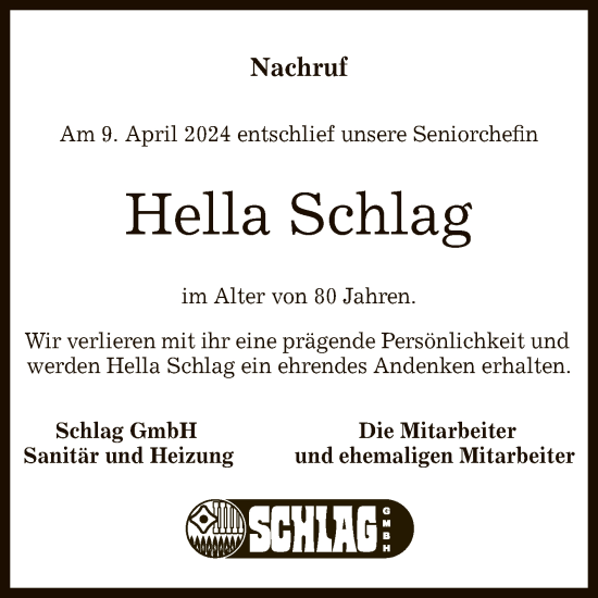 Anzeige von Hella Schlag von Reutlinger General-Anzeiger