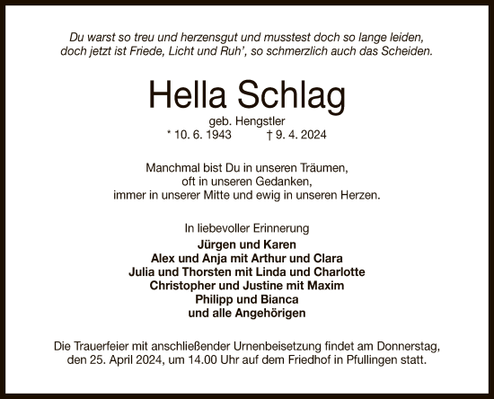 Anzeige von Hella Schlag von Reutlinger General-Anzeiger