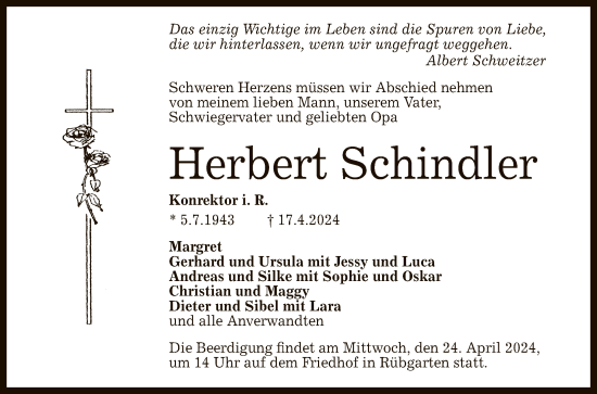 Anzeige von Herbert Schindler von Reutlinger General-Anzeiger