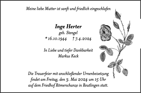 Anzeige von Inge Herter von Reutlinger General-Anzeiger