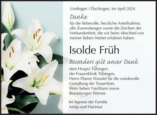 Anzeige von Isolde Früh von Reutlinger General-Anzeiger