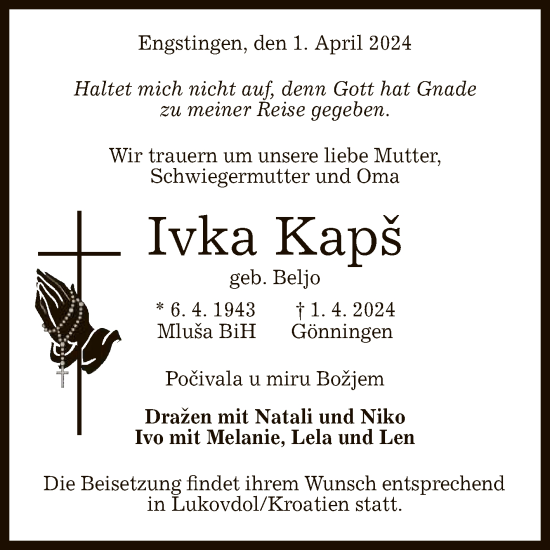 Anzeige von Ivka Kaps von Reutlinger General-Anzeiger