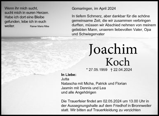 Anzeige von Joachim Koch von Reutlinger General-Anzeiger