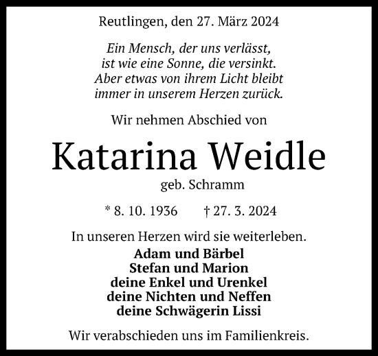 Anzeige von Katarina Weidle von Reutlinger General-Anzeiger