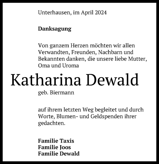 Anzeige von Katharina Dewald von Reutlinger General-Anzeiger