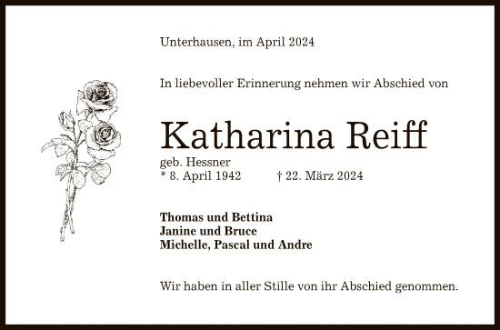 Anzeige von Katharina Reiff von Reutlinger General-Anzeiger