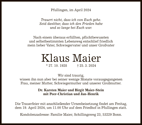 Anzeige von Klaus Maier von Reutlinger General-Anzeiger