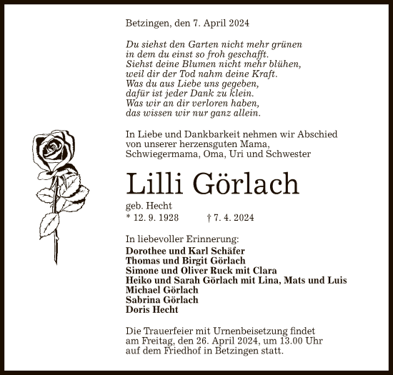 Anzeige von Lilli Görlach von Reutlinger General-Anzeiger