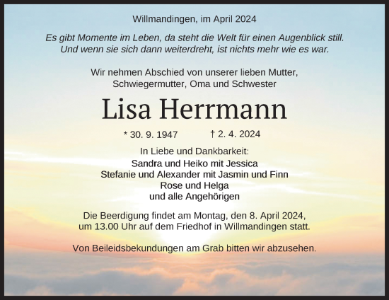 Anzeige von Lisa Herrmann von Reutlinger General-Anzeiger