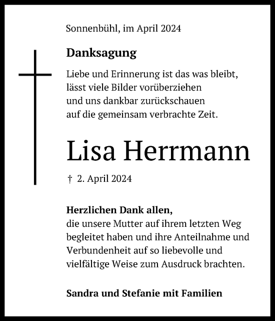 Anzeige von Lisa Herrmann von Reutlinger General-Anzeiger