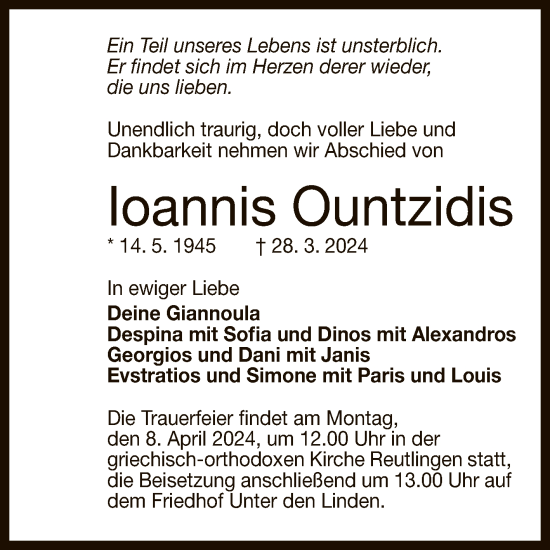 Anzeige von  Ioannis Ountzidis von Reutlinger General-Anzeiger