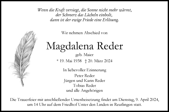 Anzeige von Magdalena Reder von Reutlinger General-Anzeiger