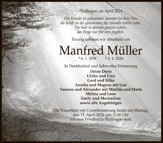 Anzeige von Manfred Müller von Reutlinger General-Anzeiger