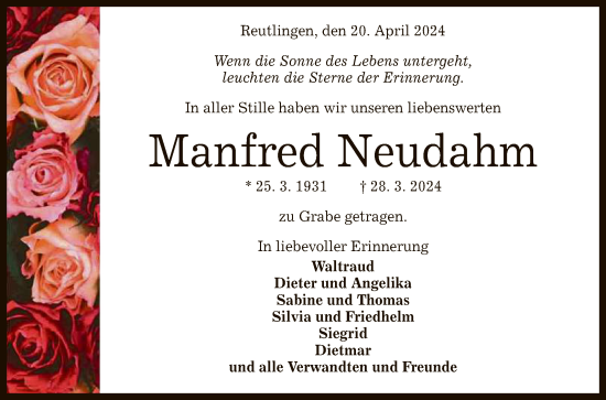 Anzeige von Manfred Neudahm von Reutlinger General-Anzeiger