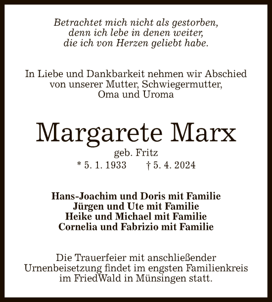 Anzeige von Margarete Marx von Reutlinger General-Anzeiger