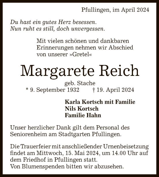 Anzeige von Margarete Reich von Reutlinger General-Anzeiger