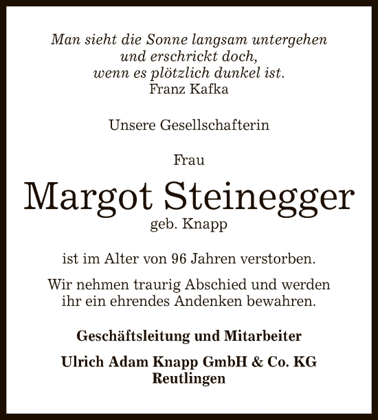 Anzeige von Margot Steinegger von Reutlinger General-Anzeiger