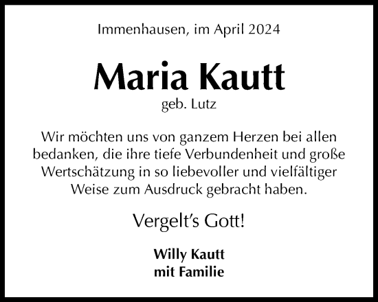 Anzeige von Maria Kautt von Reutlinger General-Anzeiger