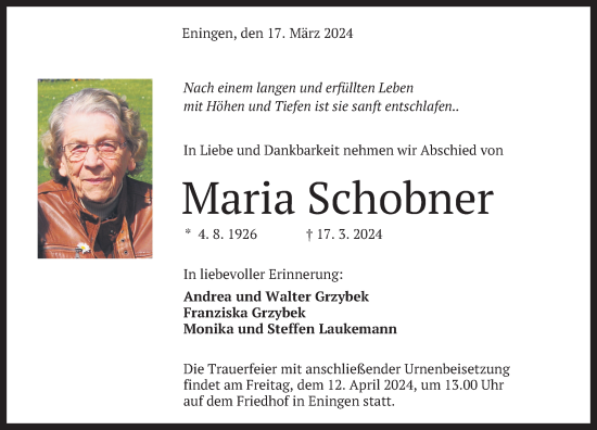 Anzeige von Maria Schobner von Reutlinger General-Anzeiger