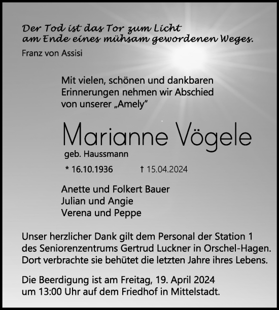Anzeige von Marianne Vögele von Reutlinger General-Anzeiger