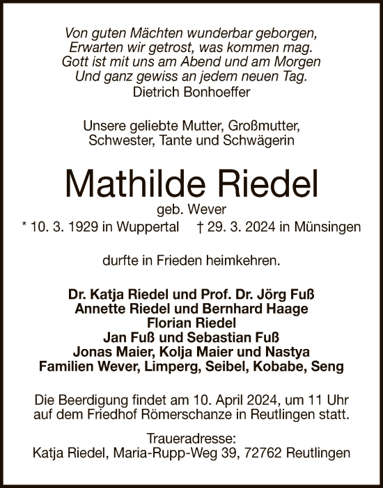Anzeige von Mathilde Riedel von Reutlinger General-Anzeiger
