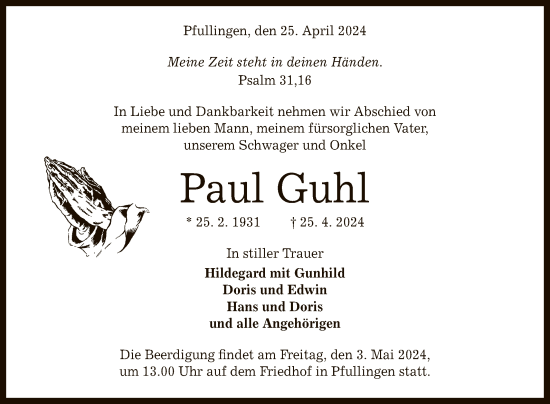 Anzeige von Paul Guhl von Reutlinger General-Anzeiger