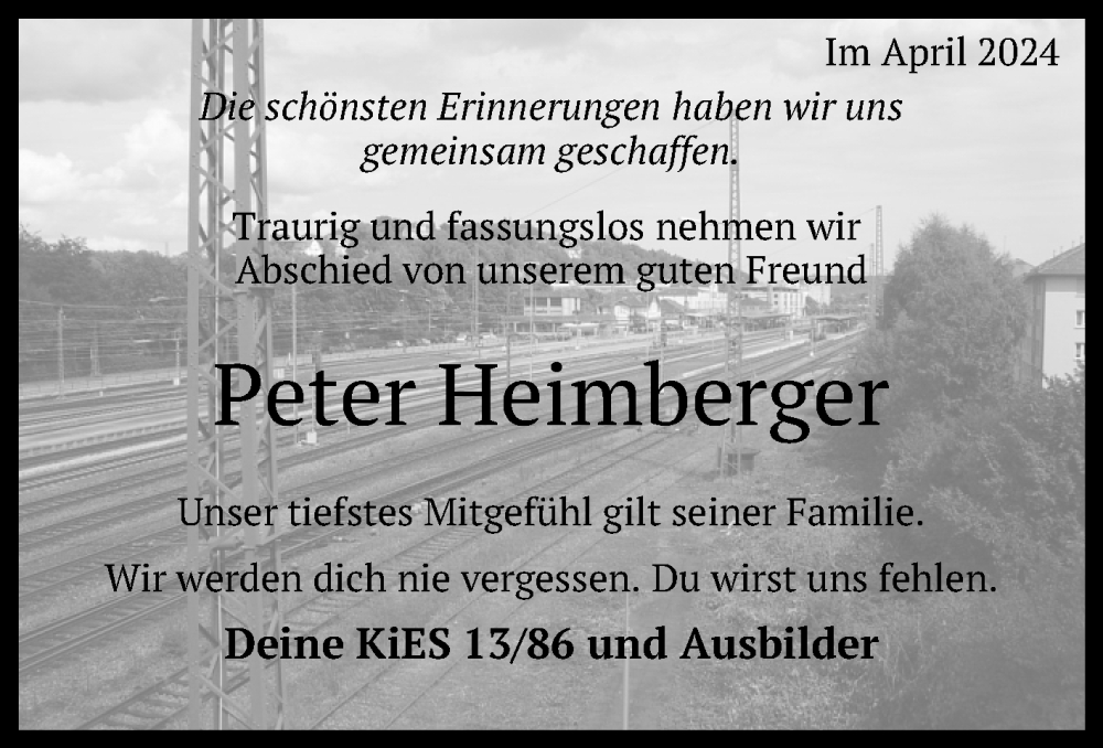  Traueranzeige für Peter Heimberger vom 20.04.2024 aus Reutlinger General-Anzeiger