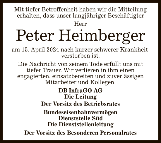 Anzeige von Peter Heimberger von Reutlinger General-Anzeiger