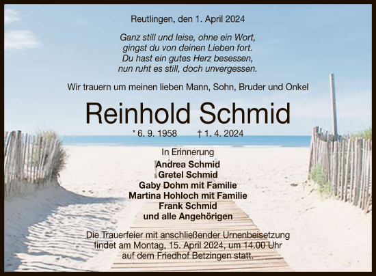 Anzeige von Reinhold Schmid von Reutlinger General-Anzeiger