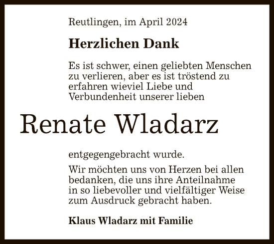 Anzeige von Renate Wladarz von Reutlinger General-Anzeiger