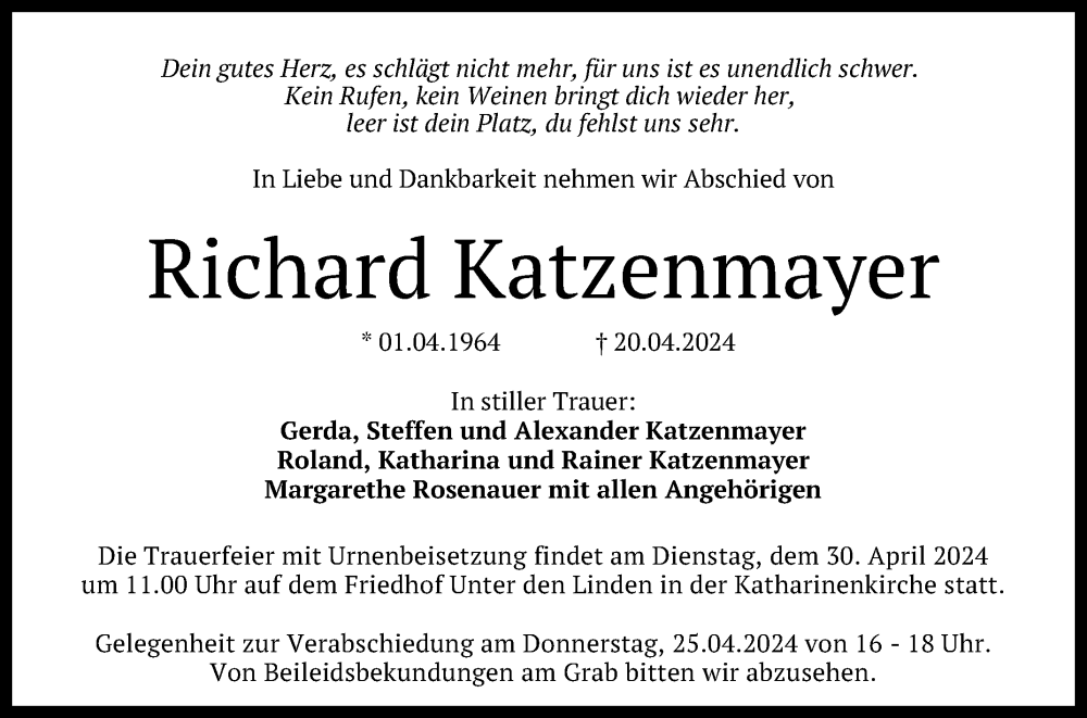  Traueranzeige für Richard Katzenmayer vom 24.04.2024 aus Reutlinger General-Anzeiger