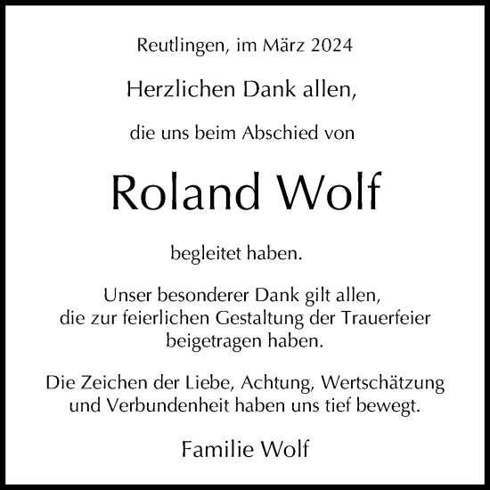 Anzeige von Roland Wolf von Reutlinger General-Anzeiger