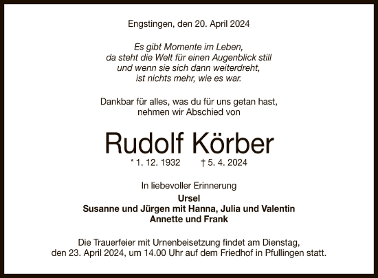 Anzeige von Rudolf Körber von Reutlinger General-Anzeiger