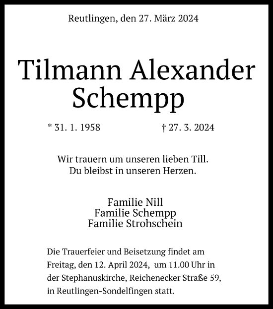 Anzeige von Tilmann Alexander Schempp von Reutlinger General-Anzeiger