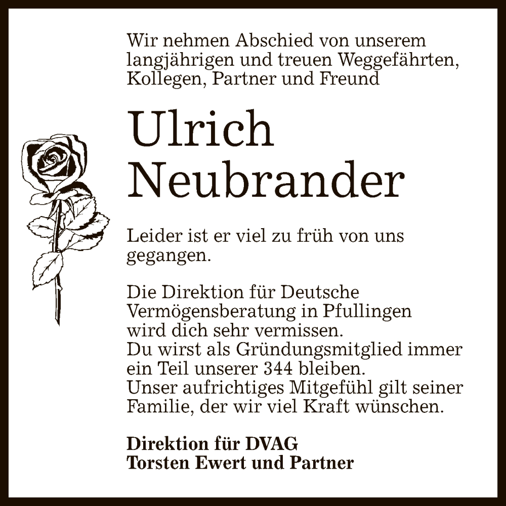  Traueranzeige für Ulrich Neubrander vom 06.04.2024 aus Reutlinger General-Anzeiger