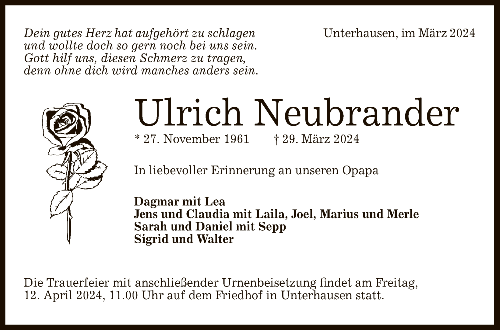  Traueranzeige für Ulrich Neubrander vom 06.04.2024 aus Reutlinger General-Anzeiger