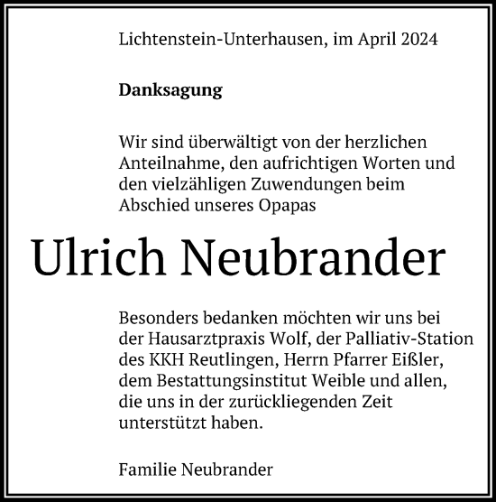 Anzeige von Ulrich Neubrander von Reutlinger General-Anzeiger