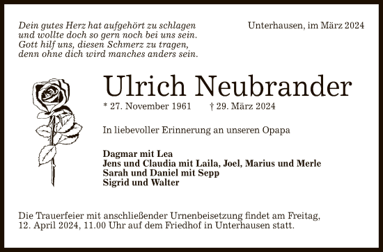 Anzeige von Ulrich Neubrander von Reutlinger General-Anzeiger