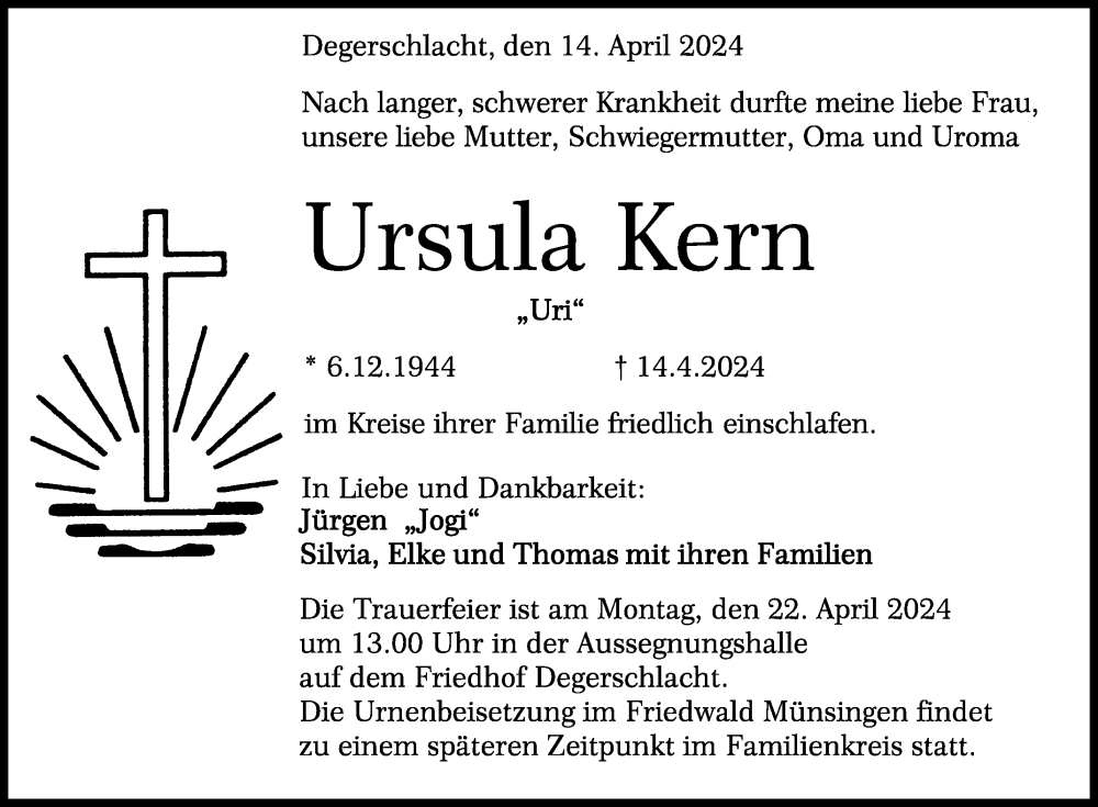  Traueranzeige für Ursula Kern vom 18.04.2024 aus Reutlinger General-Anzeiger